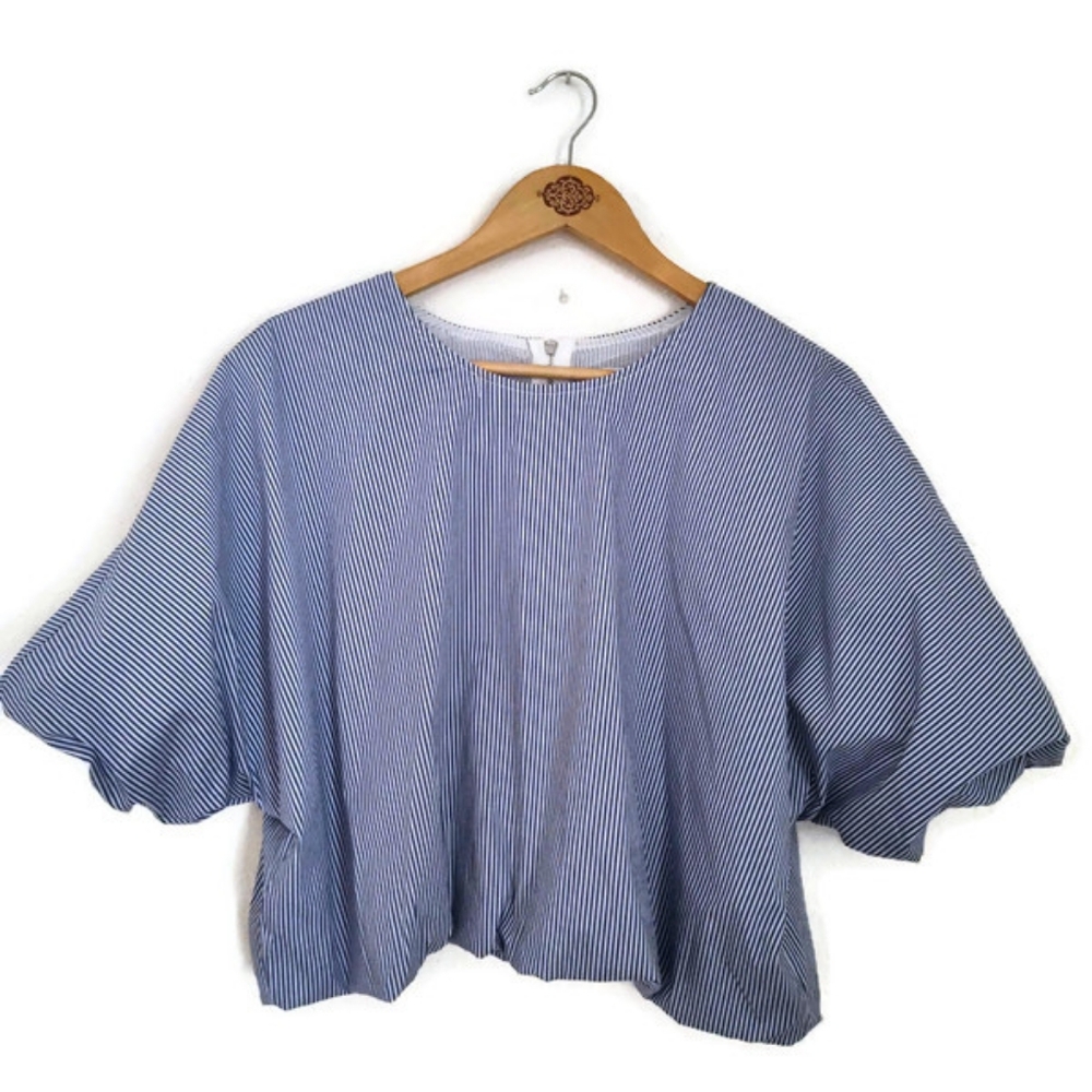 Marc New York Pinstripe Pouf Sleeves Crop Top Size L NWOT